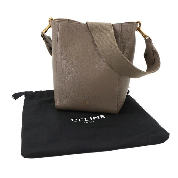 CELINE Sangle Small Bucket Shoulder Bag Leather Grey 189303 Purse 90289912 - Picture 1 of 10